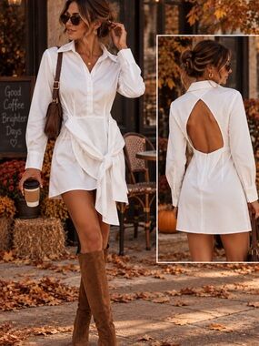 OW Collection Eden White Shirt Dress Size M / US 6 NWT Open Back Tie Waist